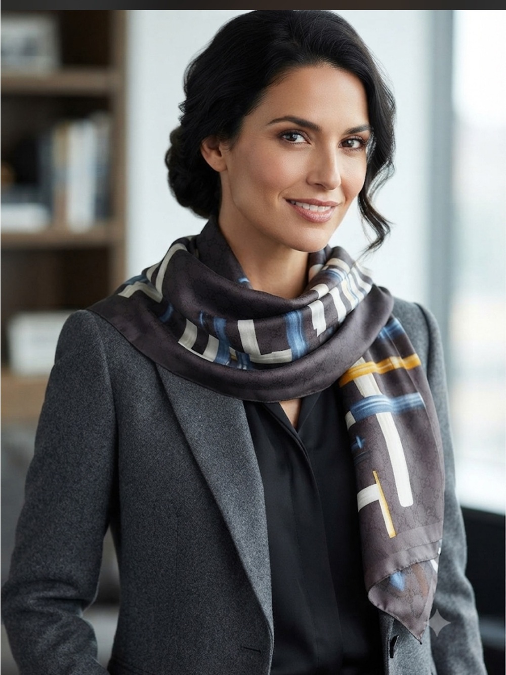 Striped Silk Scarf in Black, Blue & Yellow